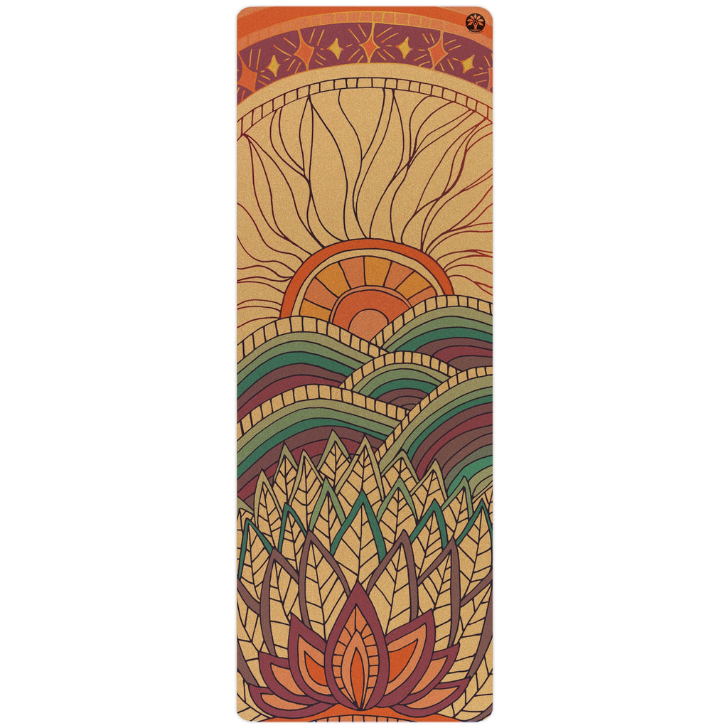 Aura bohemian abstract cork yoga mat in brown and green for yoga practice