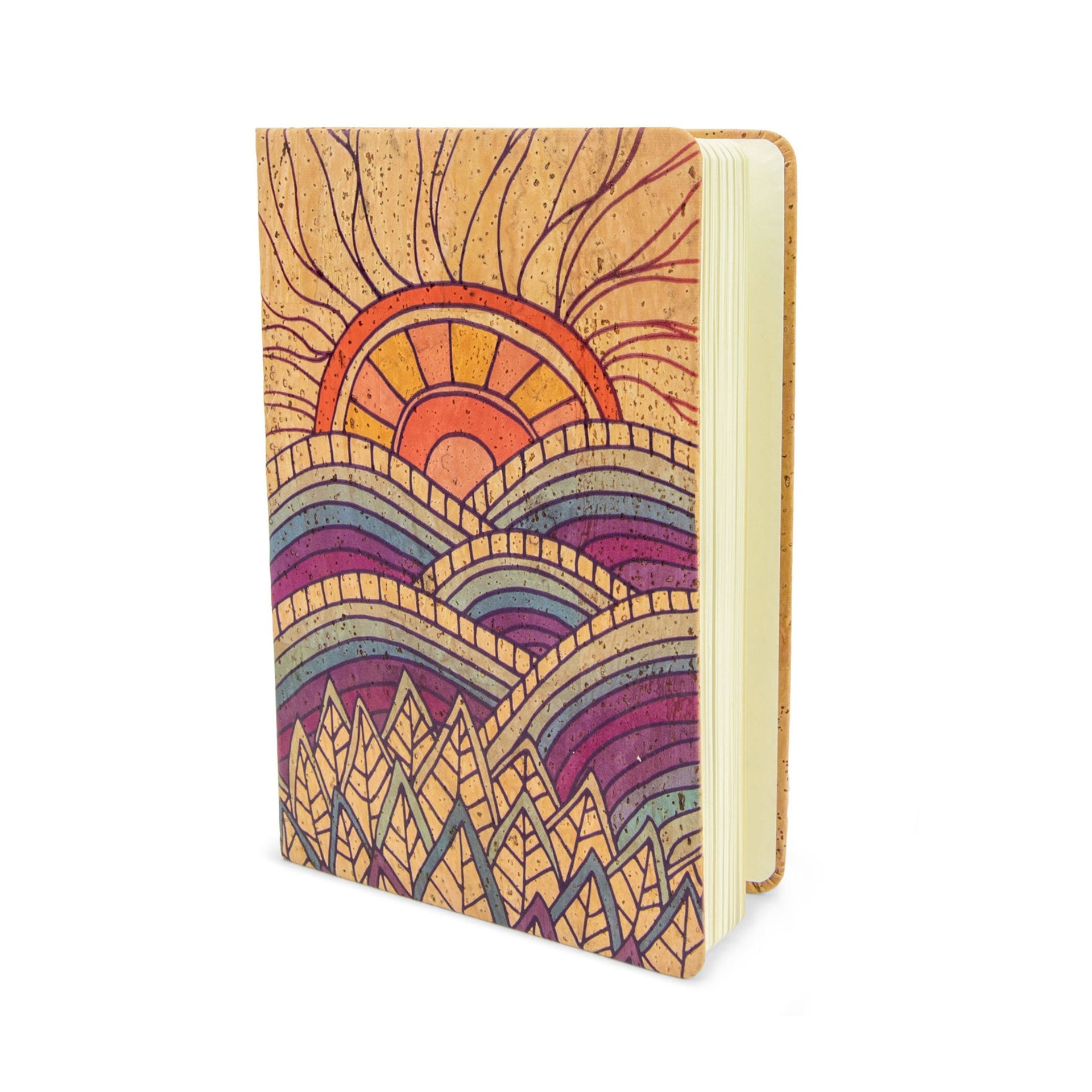 A5 cork journal with abstract sunset-toned pattern on a natural tan background, bohemian style.