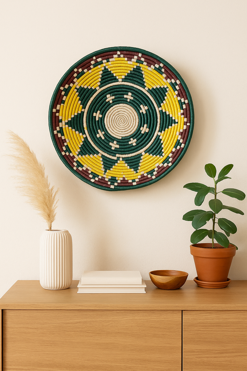 Handcrafted round wicker basket with geometric patterns in forest green, mustard yellow, and maroon on a neutral background.