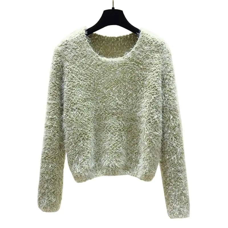 Women's Fuzzy Round Neck Pullover Sweater Soft Knit Long Sleeve - Image 6