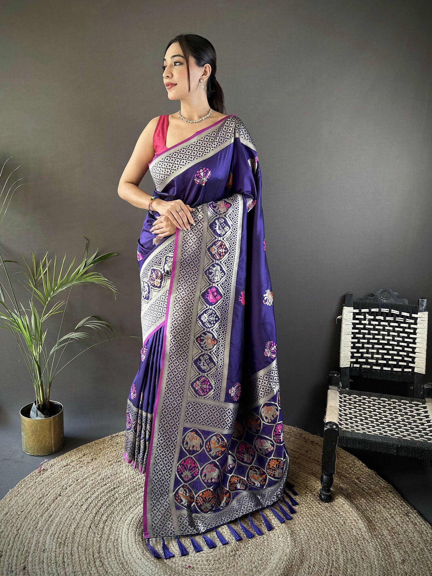 Royal blue soft Lichi silk Banarasi saree with elephant and floral motifs.