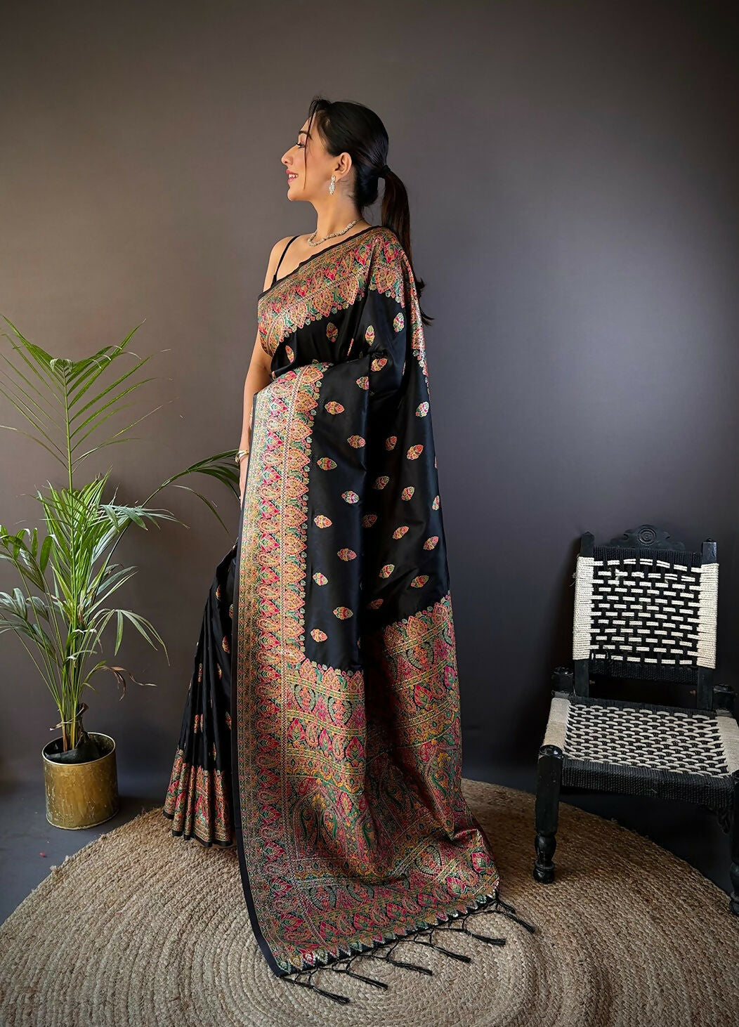 Joban Fashion Black Meena Weaves Pashmina Sarees