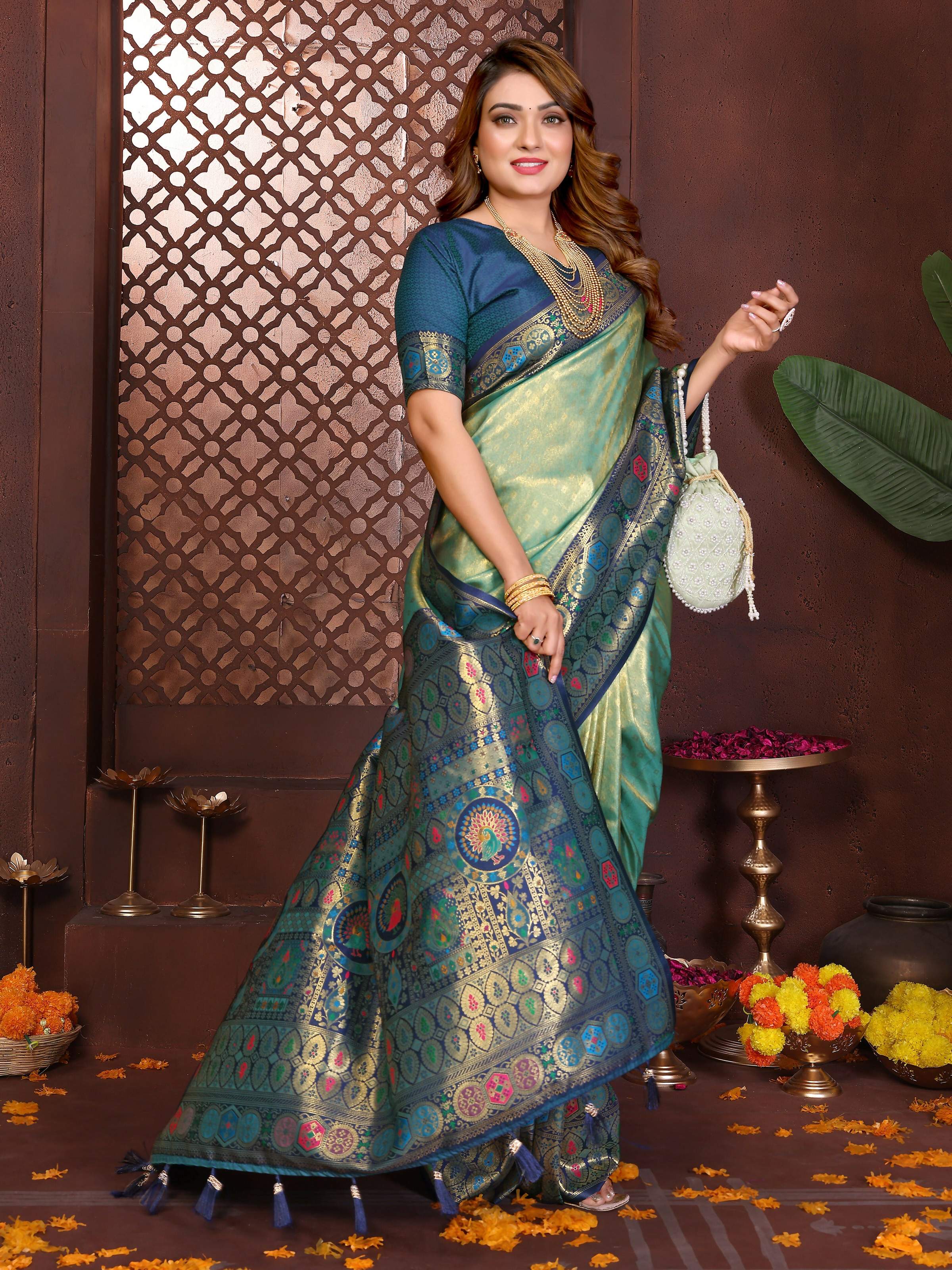 Sea Green Tissue Silk Saree with Elegant Weaving