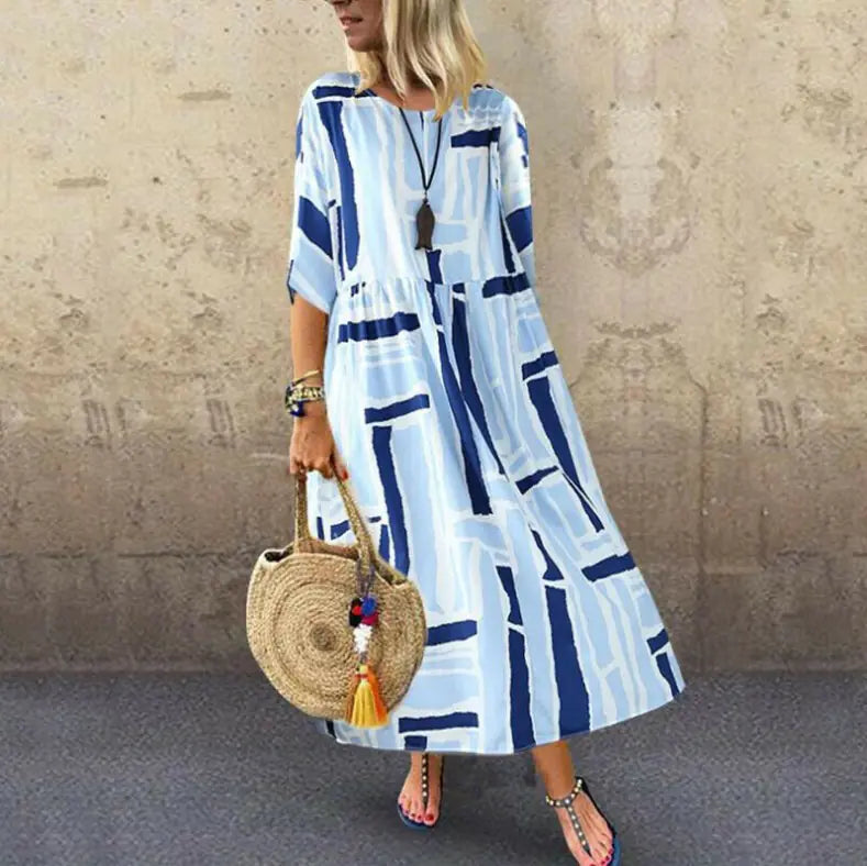 Women's Printed Round Neck Midi Dress in Tropical and Geo Prints - Image 36
