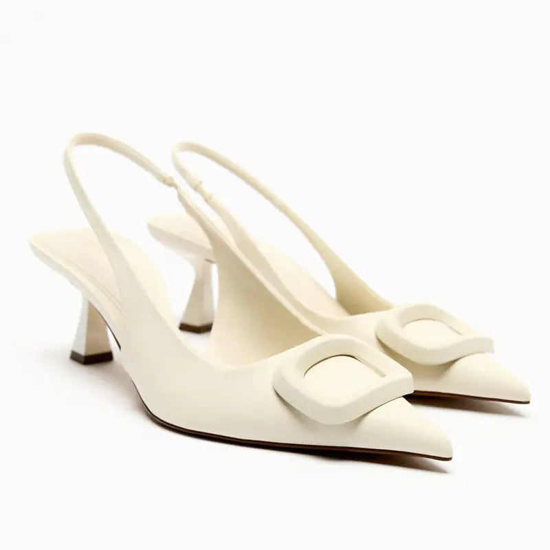 Women's Cream Pointed Toe Slingback Heels with Buckle Detail - Image 6