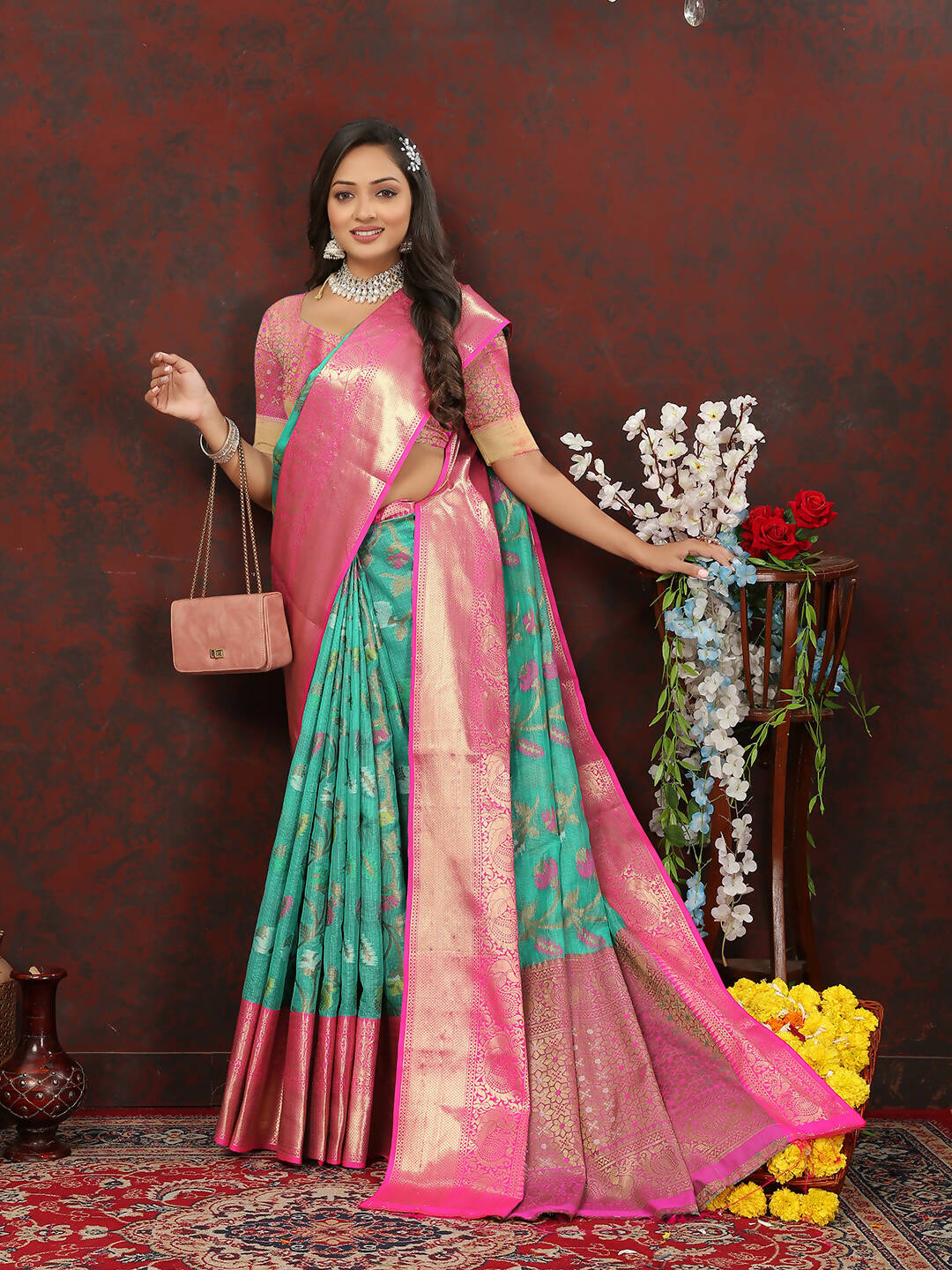 Teal Cotton Saree with Zari Meenakari Weaving and Silk Blouse