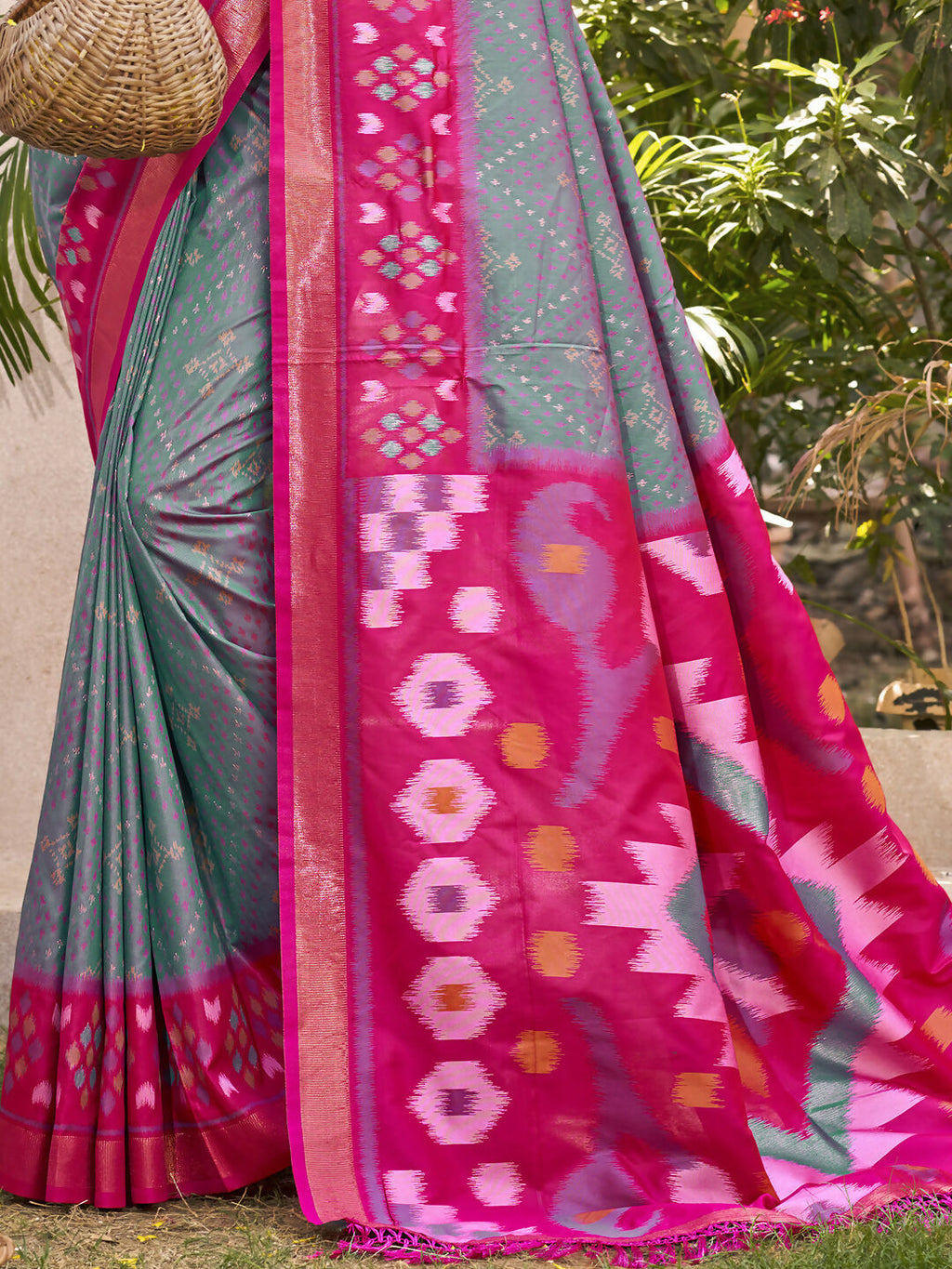 Pochampalli Silk Saree in Grey with Purple Blouse