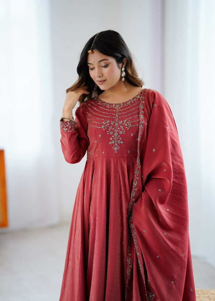 Maroon Chanderi Kurta Set with Intricate Sequence Embroidery