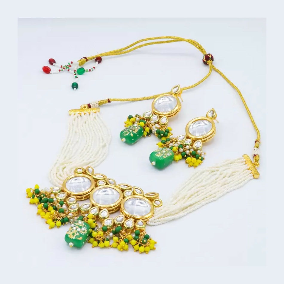 Multicolor Kundan necklace set with gold-plated finish and adjustable cord