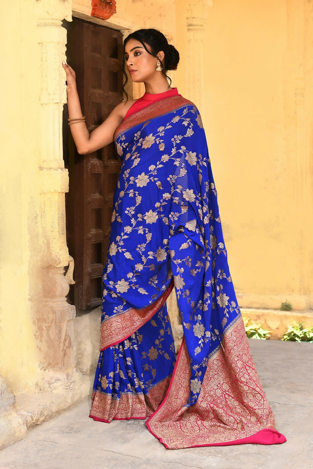 Ink Blue Crepe Chiffon Handloom Banarasi Silk Saree