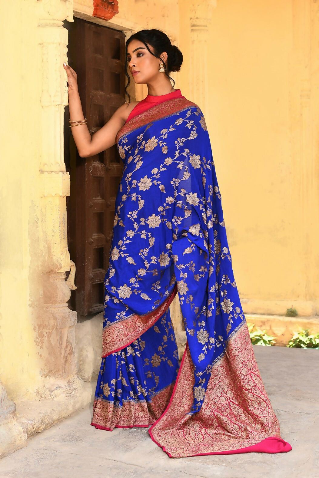 Ink Blue Crepe Chiffon Handloom Banarasi Silk Saree
