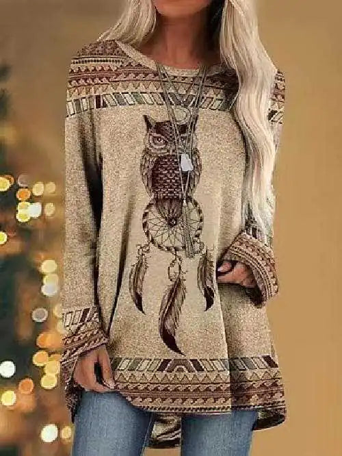 Women's Long Sleeve Graphic Animal Print T-Shirt Tan Relaxed Fit - Image 28