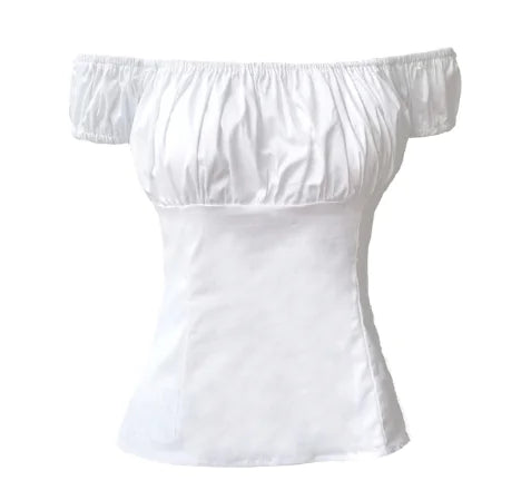 A fitted off-shoulder short sleeve top available in white, red, and black.