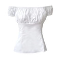 A fitted off-shoulder short sleeve top available in white, red, and black.