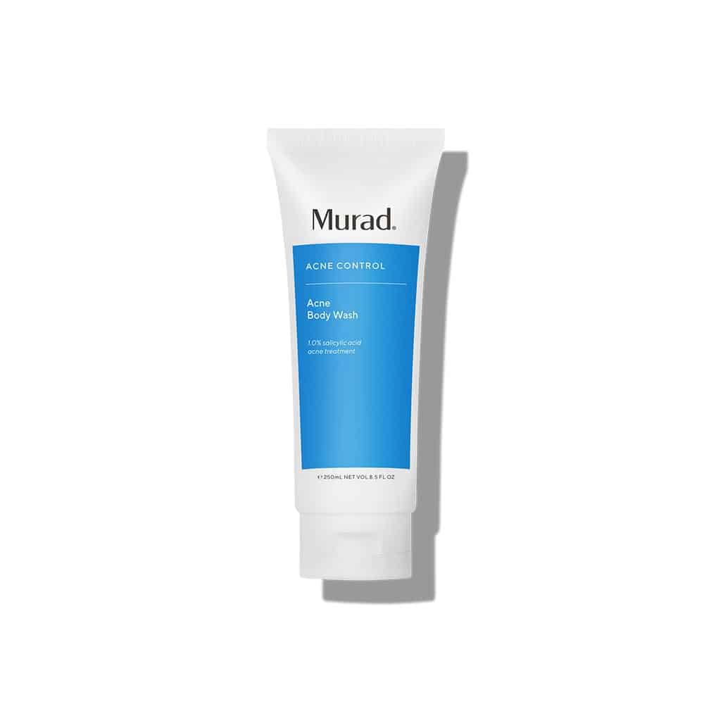 8.5 fl oz bottle of Murad Acne Body Wash, clinical white and blue label.