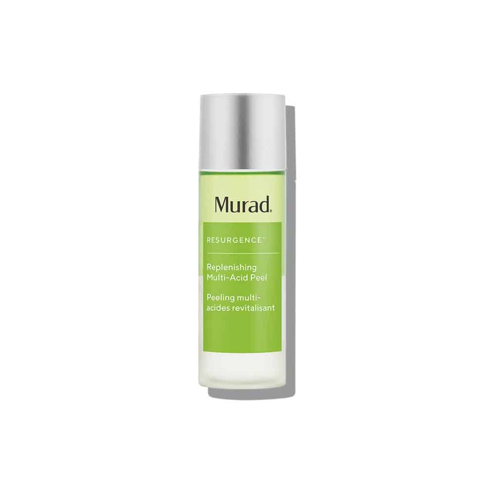 Murad Replenishing Multi-Acid Peel bottle in green, silver, and white packaging