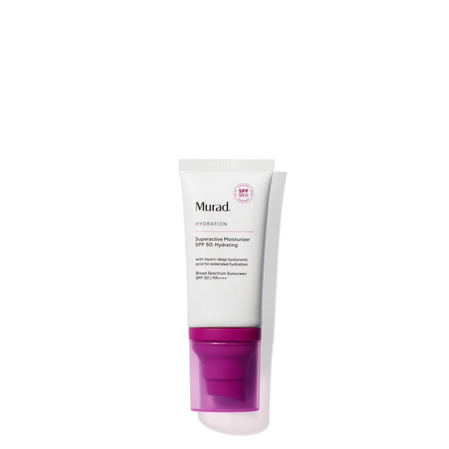 Murad Superactive Hydrating Moisturizer SPF 50 1.7 oz bottle in white and magenta packaging