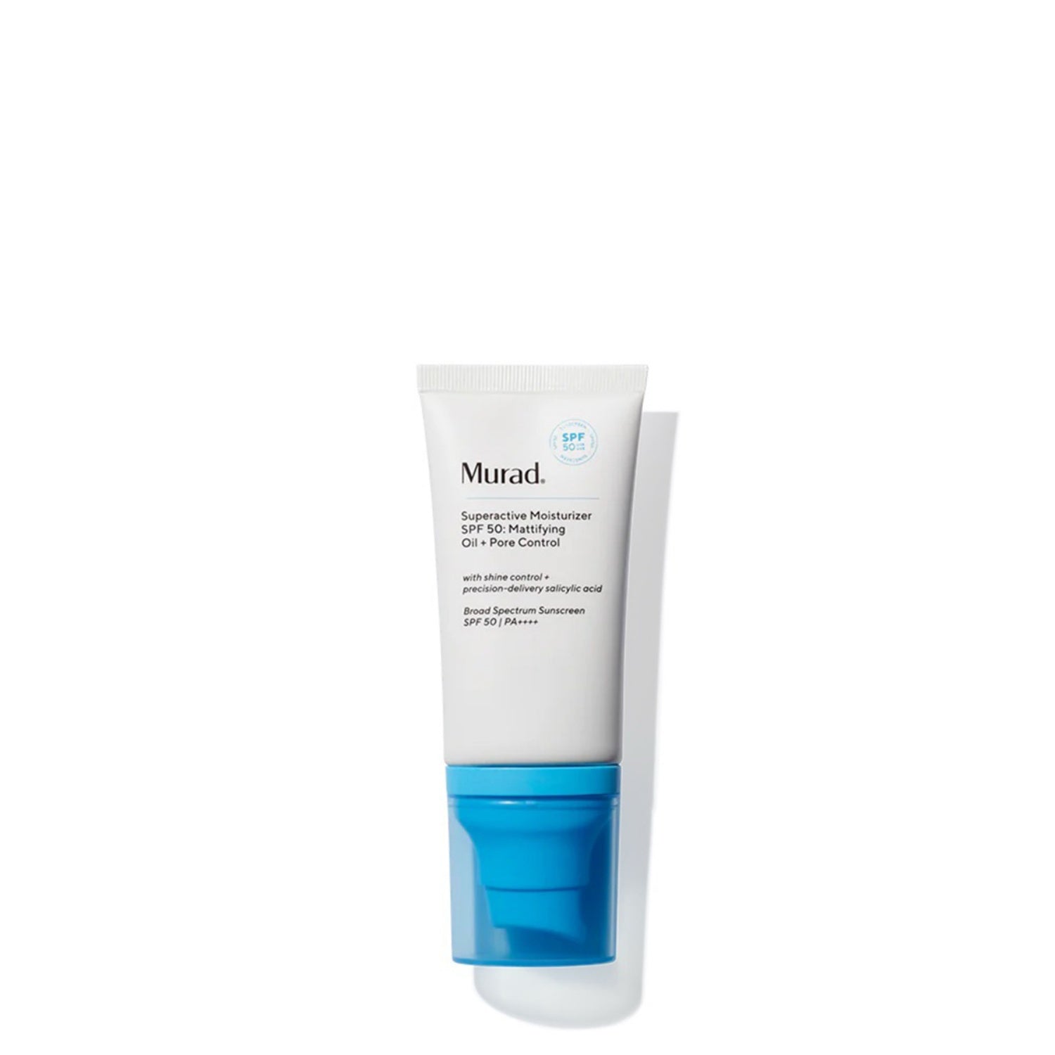 Murad Superactive Mattifying Oil and Pore Control Moisturizer SPF 50 in white and blue pump packaging.