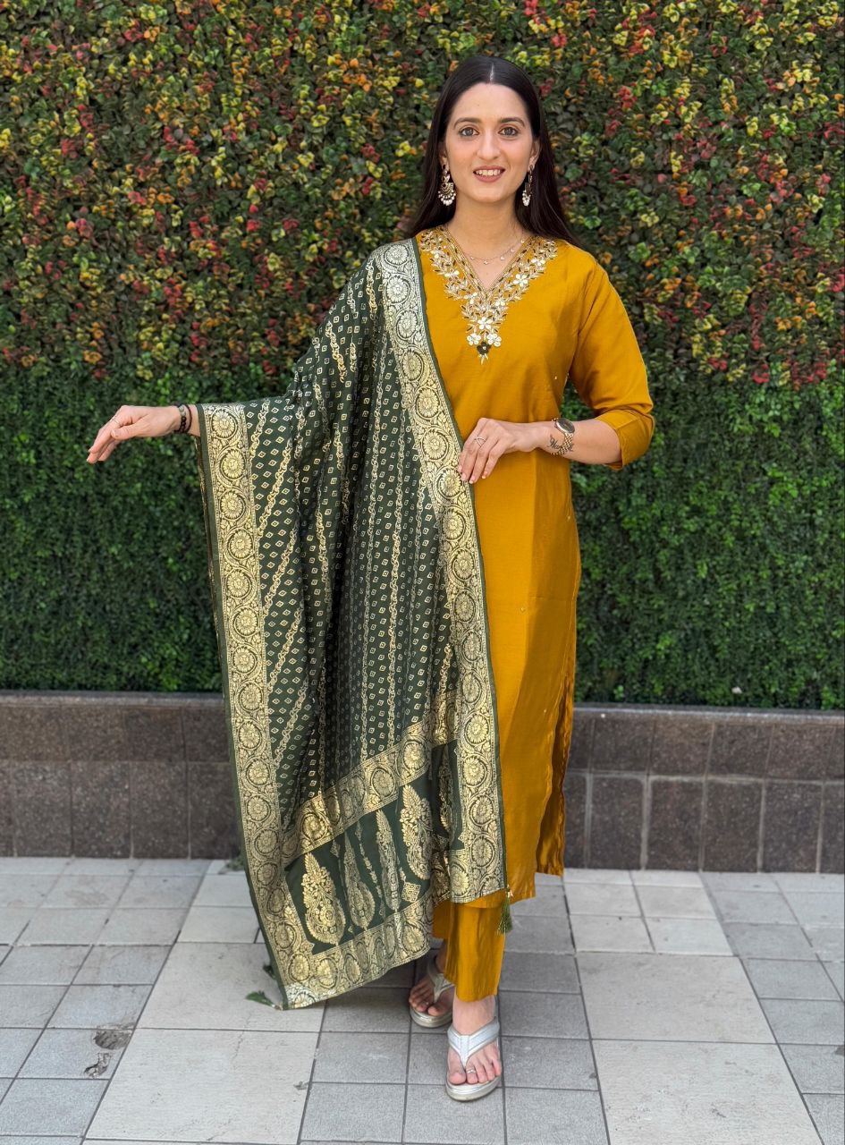 Mustard Roman Silk Hand Work Kurta Set with Dupatta