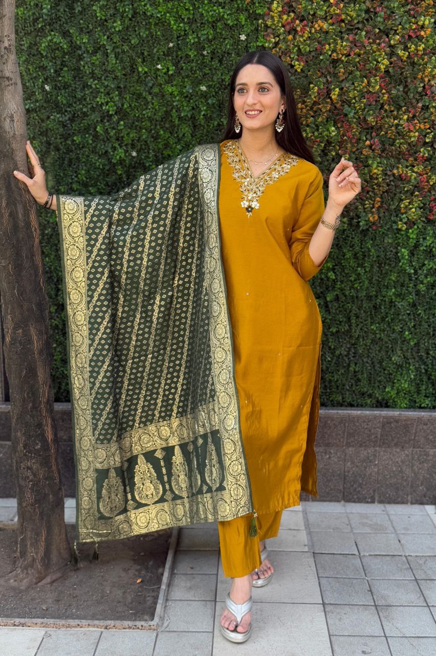 Mustard Roman Silk Hand Work Kurta Set with Dupatta
