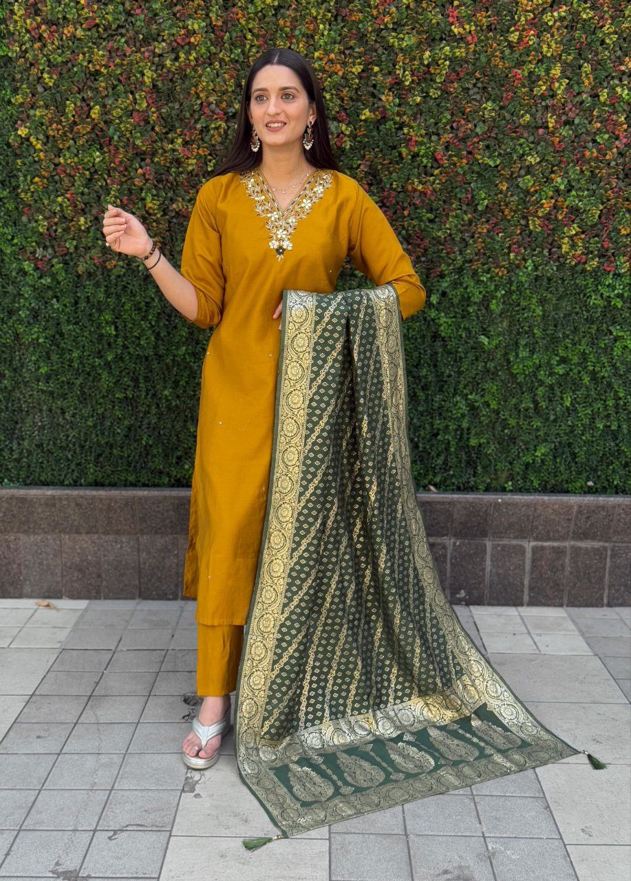 Mustard Roman Silk Hand Work Kurta Set with Dupatta