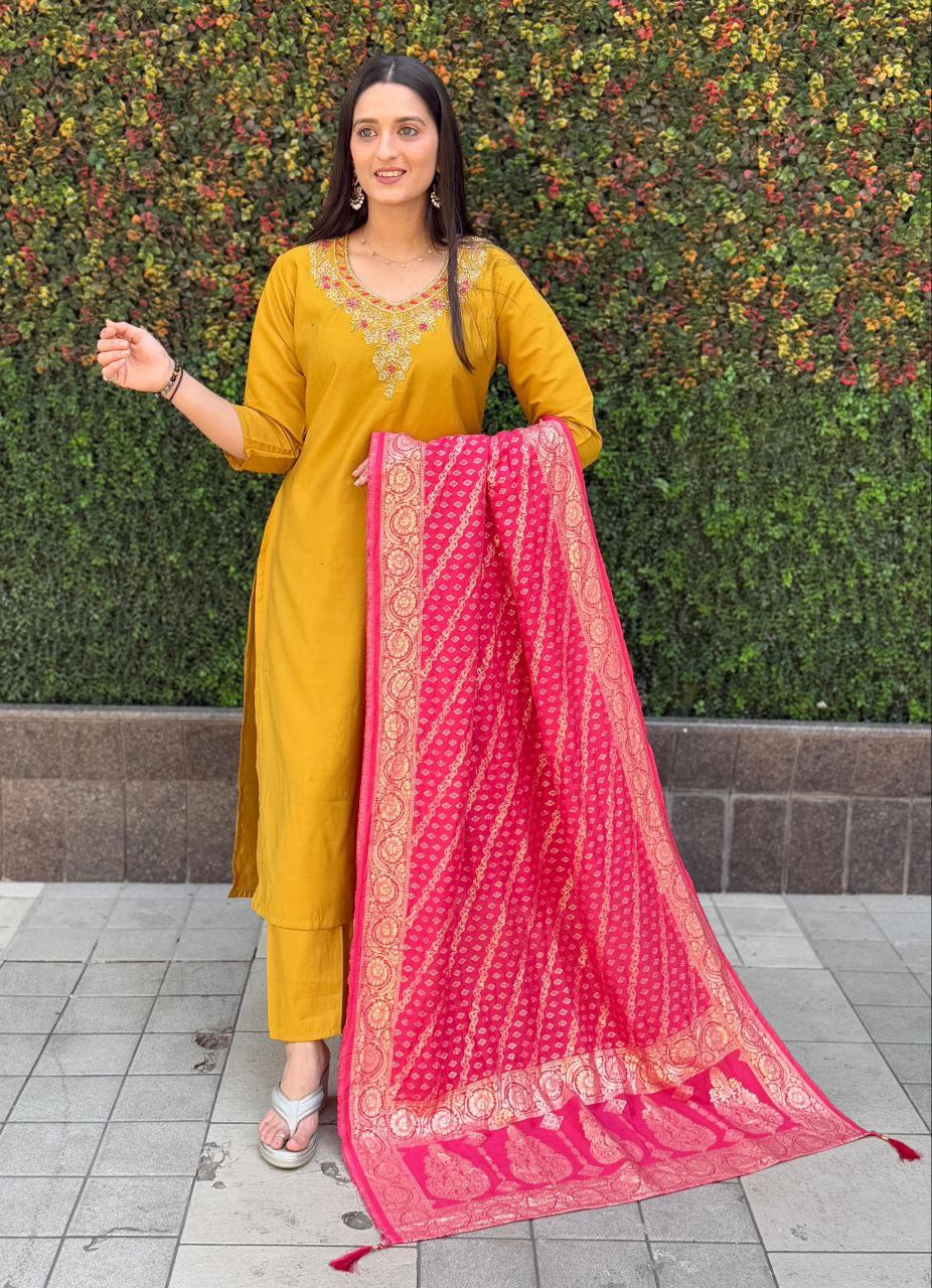 Mustard Roman Silk Hand Work Kurta Pant Set with Dupatta