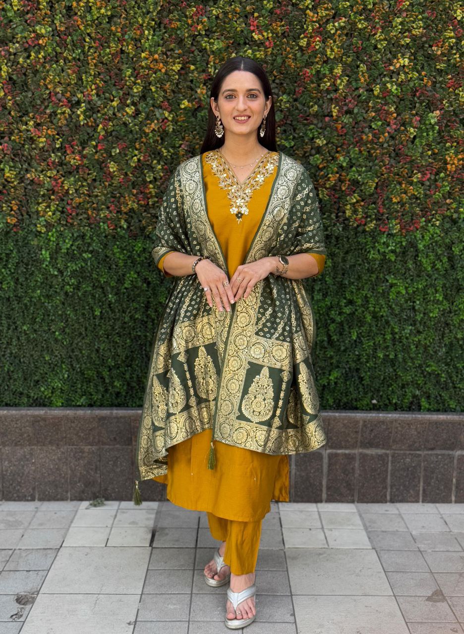 Mustard Roman Silk Kurta Set with Hand Work and Dupatta