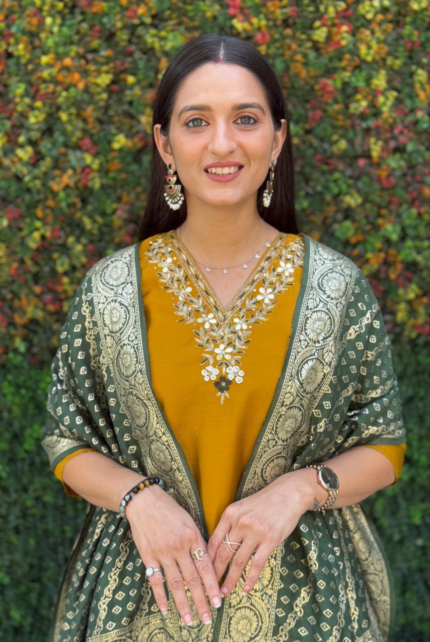 Mustard Roman Silk Kurta Set with Hand Work and Dupatta