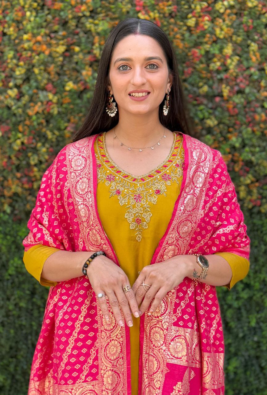 Mustard Roman Silk Hand Work Kurta Pant Set with Dupatta