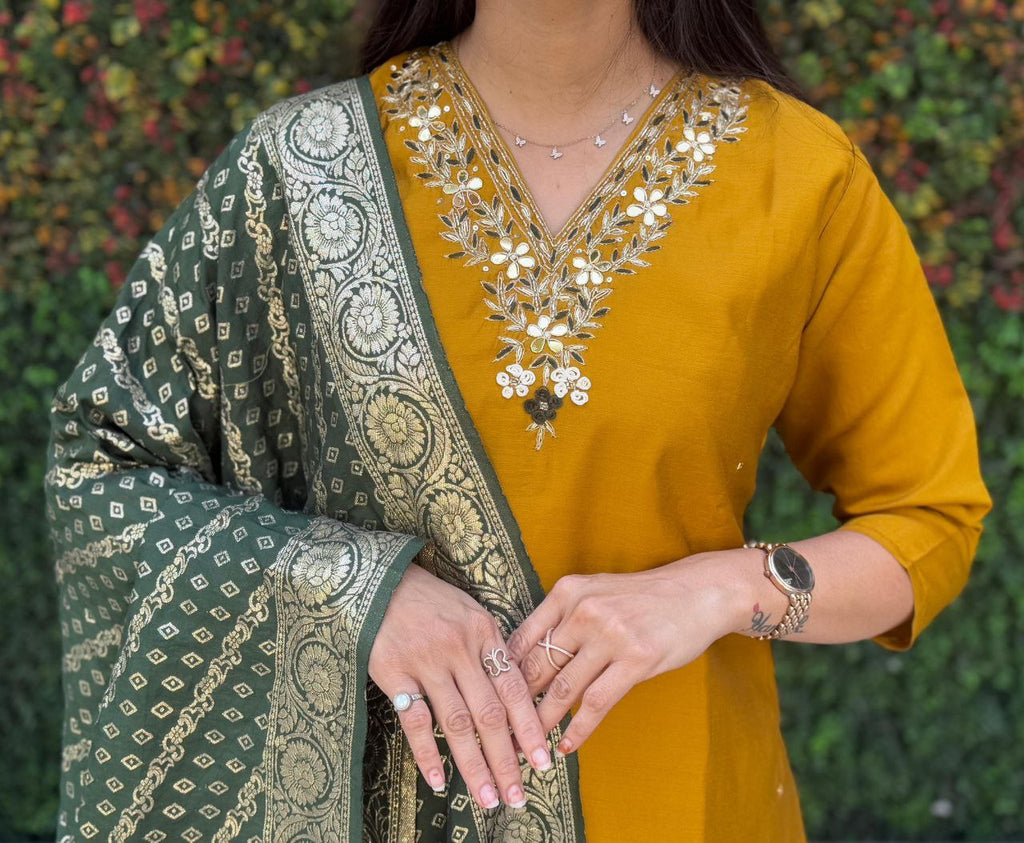 Mustard Roman Silk Kurta Set with Hand Work and Dupatta