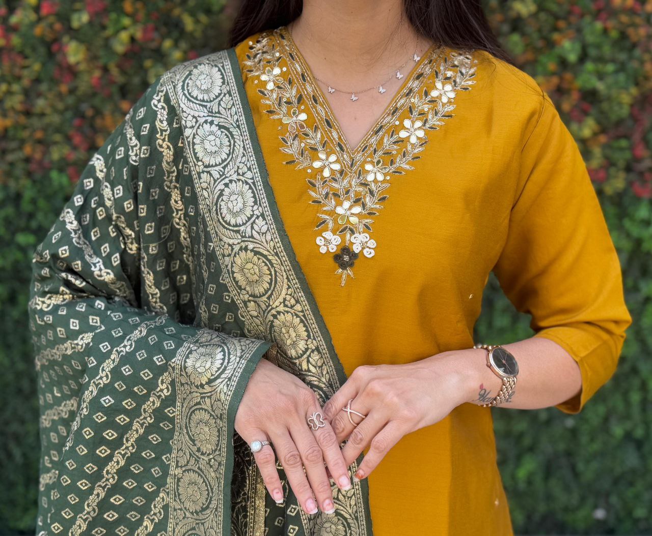 Mustard Roman Silk Kurta Set with Hand Work and Dupatta