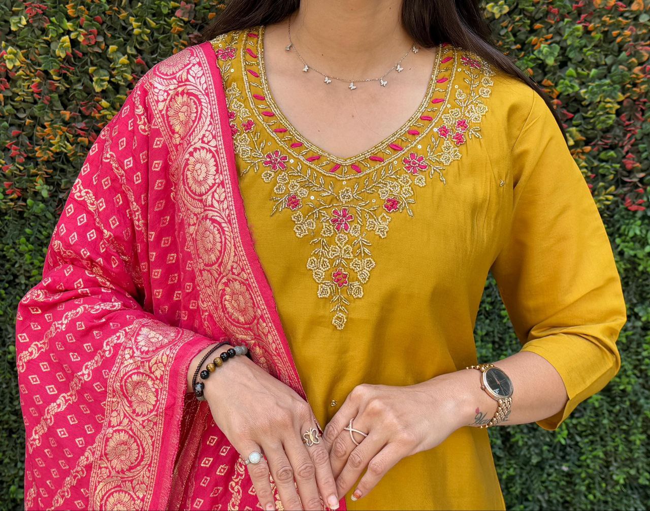 Mustard Roman Silk Hand Work Kurta Pant Set with Dupatta