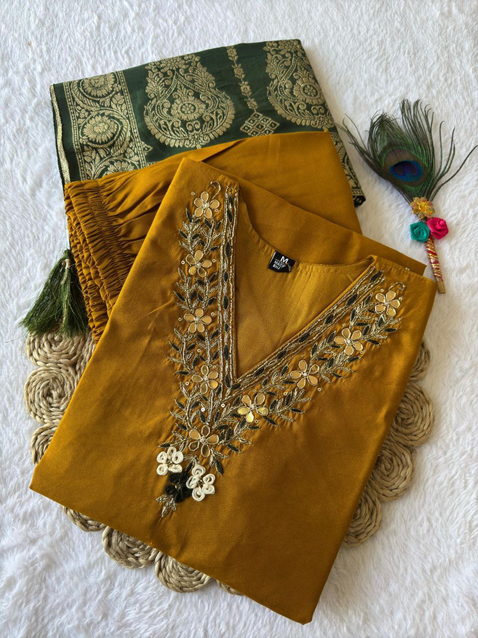Mustard Roman Silk Kurta Set with Hand Work and Dupatta