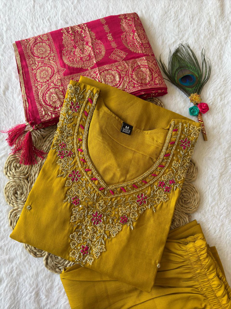 Mustard Roman Silk Hand Work Kurta Pant Set with Dupatta
