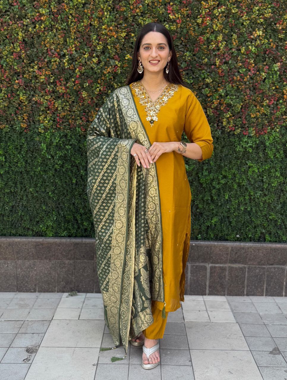 Mustard Roman Silk kurta set with hand work and dupatta