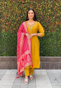 Mustard Roman Silk kurta set with hand work and matching pants