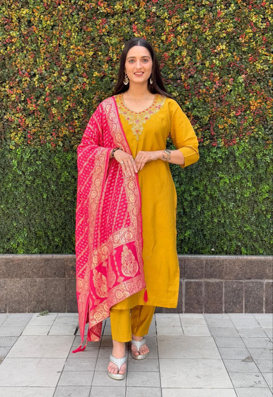 Mustard Roman Silk kurta set with hand work and matching pants