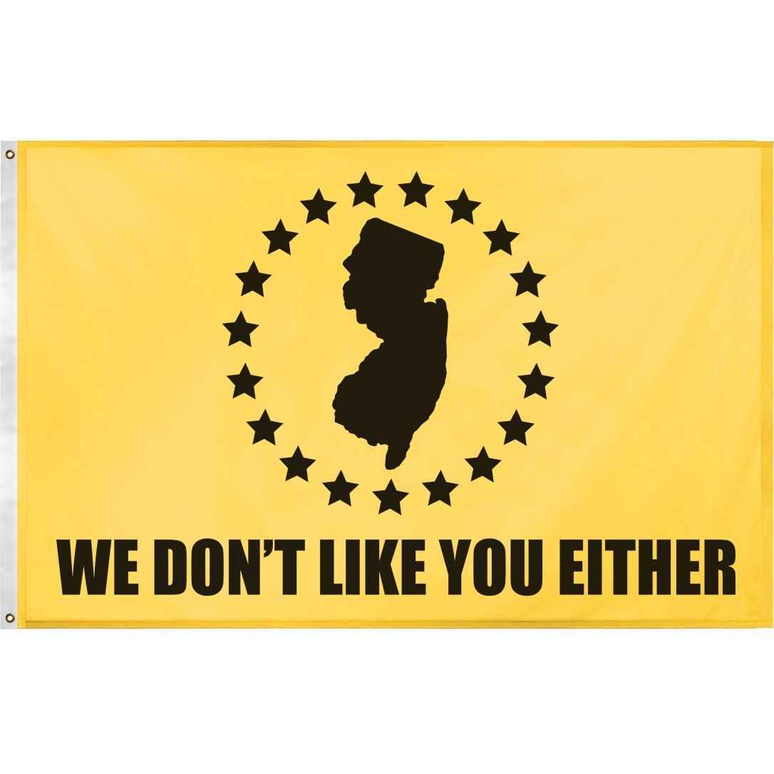 Mutual Feelings Garden State novelty flag in yellow and black, displayed outdoors.