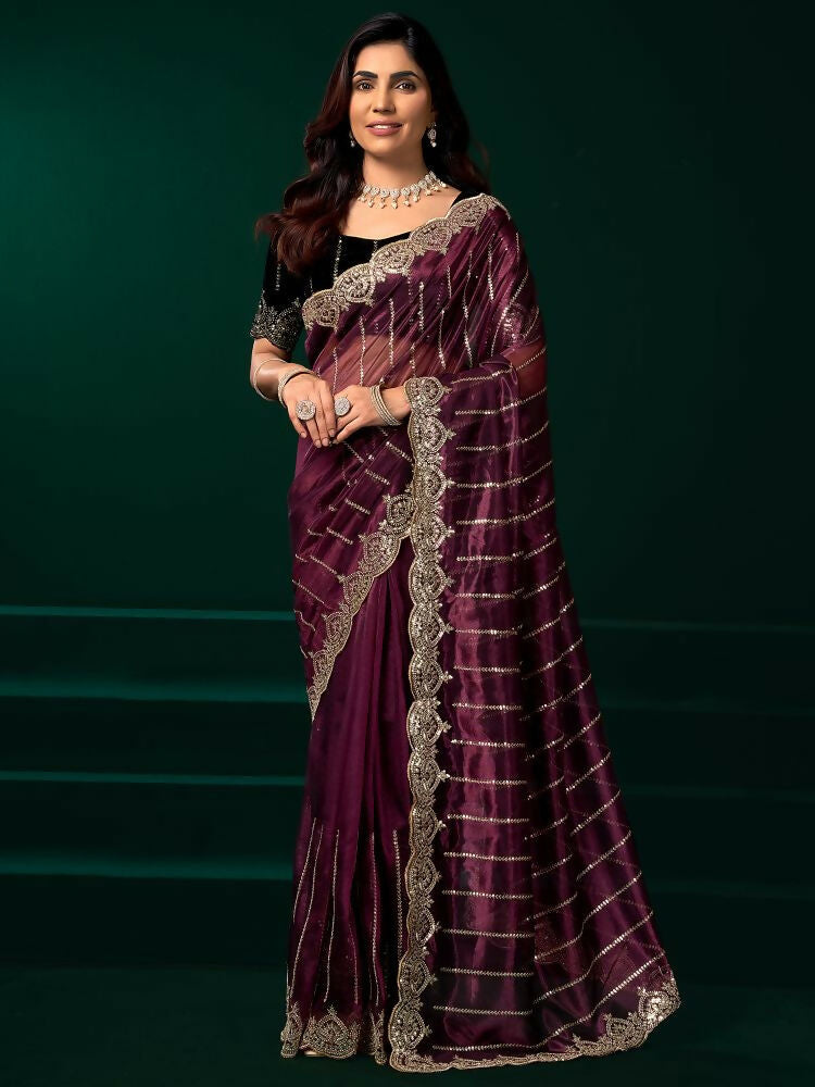 Purple Net Party Wear Saree with Contrast Black Velvet Blouse