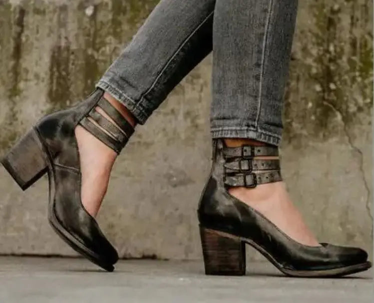 Women's Triple Buckle Ankle Strap Block Heel Shoes - Image 15