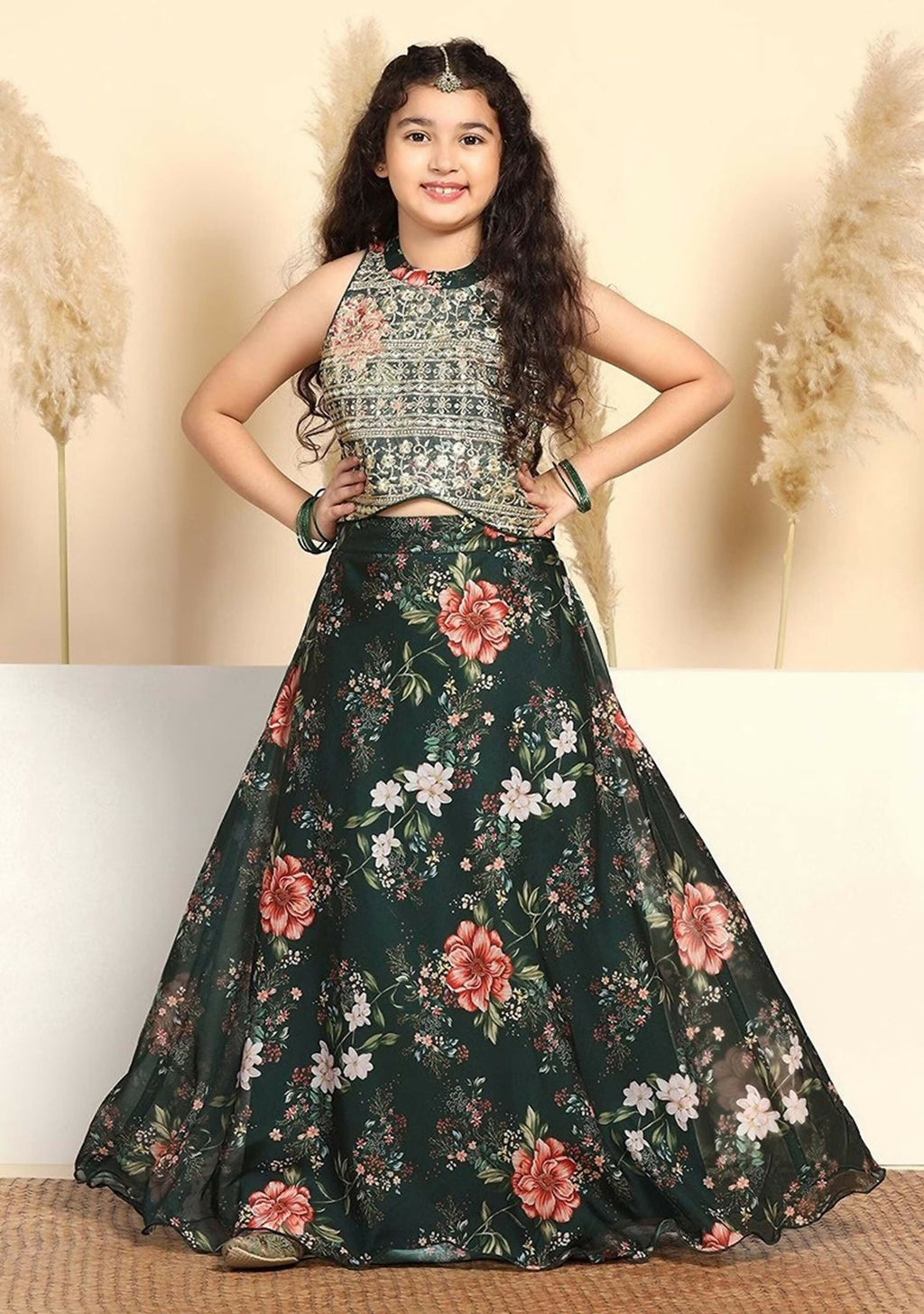 Stylish bottle green lehenga choli for girls in smooth tabby silk