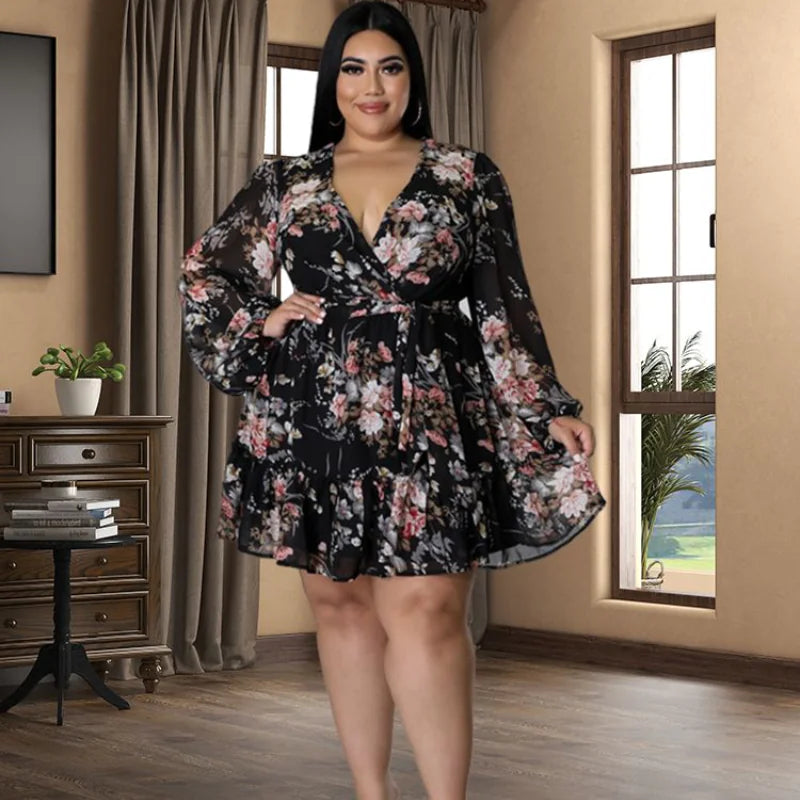 Women's Plus Size Floral Chiffon V-Neck Dress
