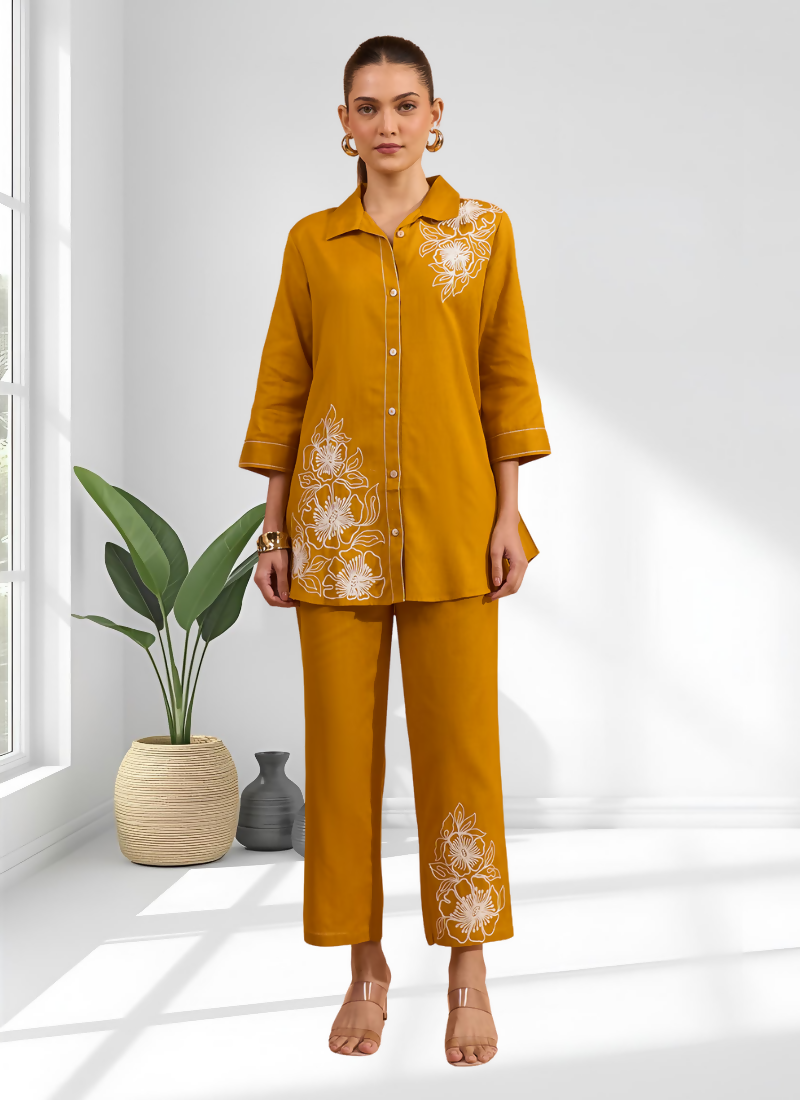 Mustard cotton linen cord set featuring elegant embroidery and a collared neck design