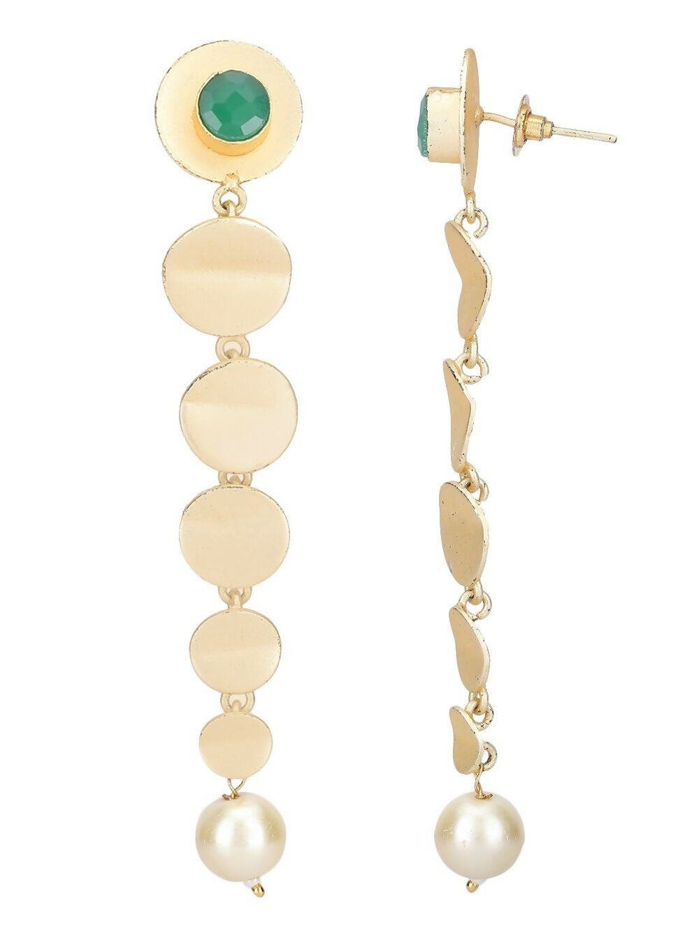 Long Pattern Matte Gold Earrings with Green Stone Accents
