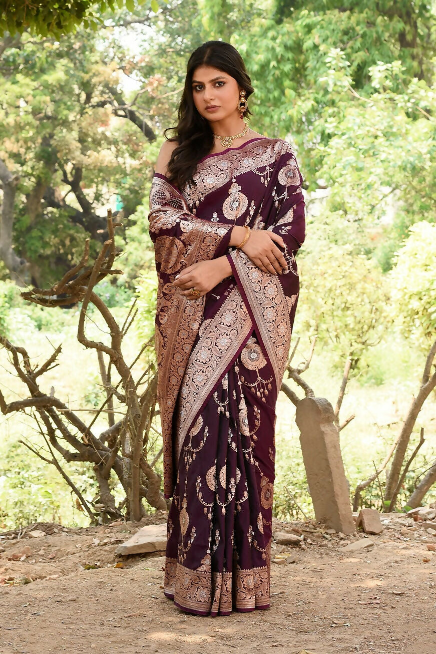 Wine Banarasi Soft Pure Handloom Banarasi Silk Saree