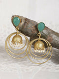 Elegant matte gold round earrings with vibrant green stone details.