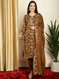 Woman wearing a brown Pashmina straight kurta set with floral digital prints and a matching dupatta.