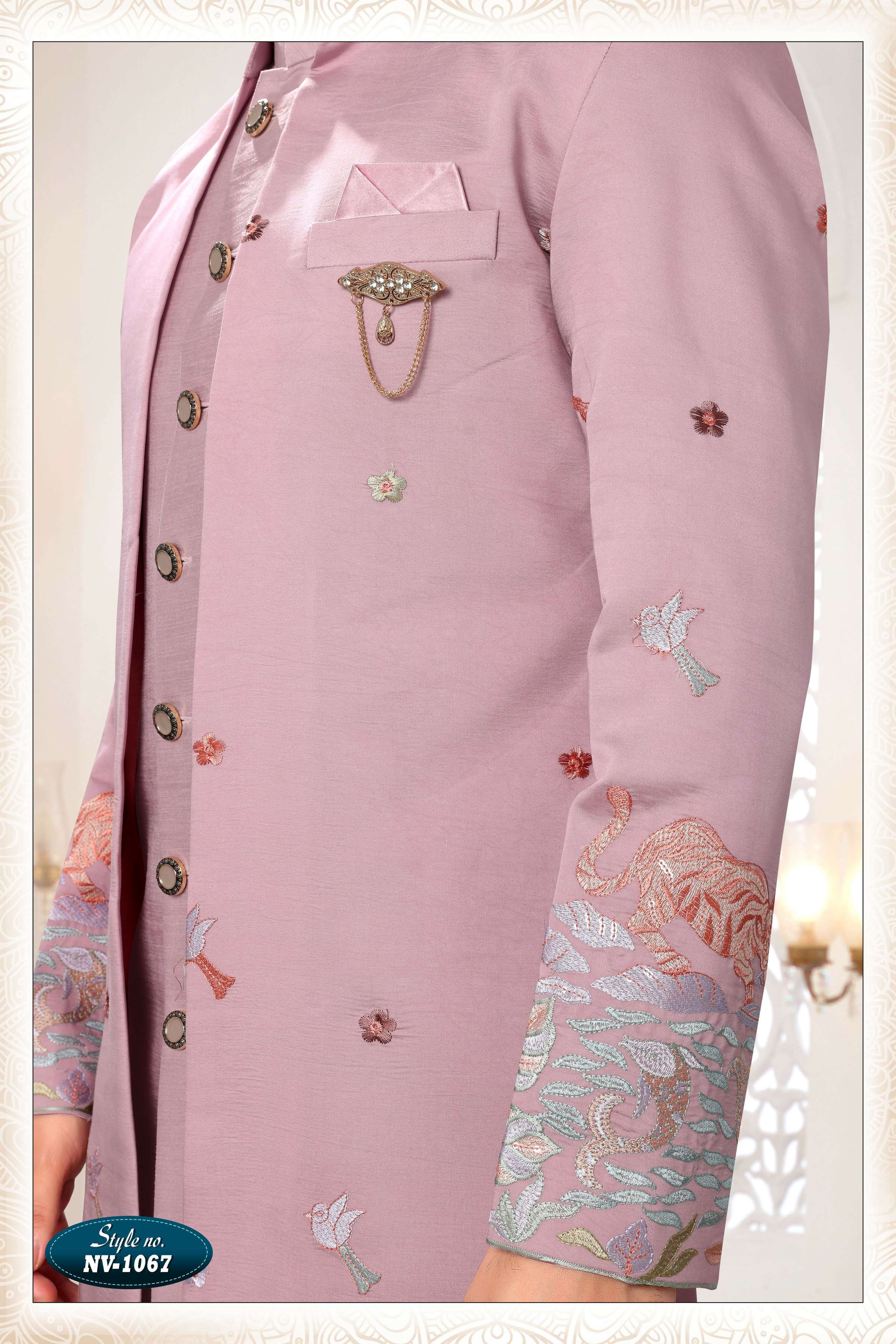 Men's Pink Straight Silk Kurta Set with Thread and Sequence Work