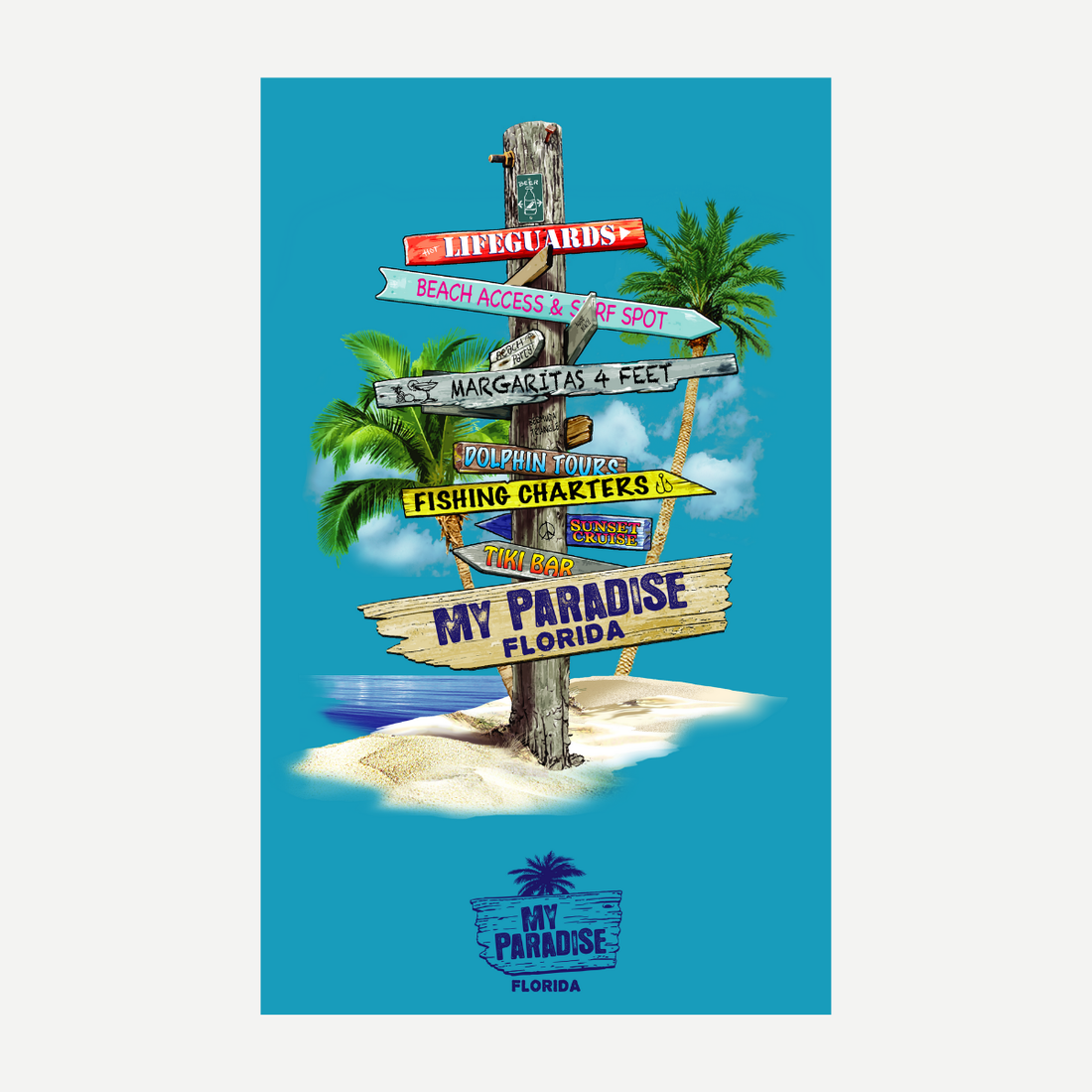 A large beach blanket featuring a colorful illustration of a wooden sign post pointing to island locations like Life Guards, Tiki Bar, and My Paradise Florida, set against a bright teal background with palm trees.