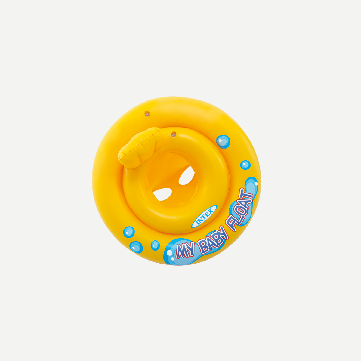 A bright yellow circular inflatable baby pool float with a secure seat for toddlers, viewed from above.